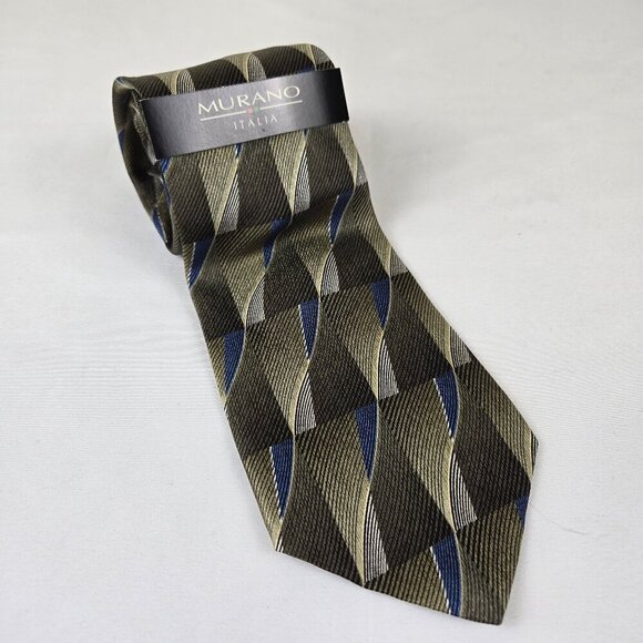 Murano Italia 100% Silk Men's Tie Green Blue Cream Wavy Striped Pattern NWT - Picture 1 of 10